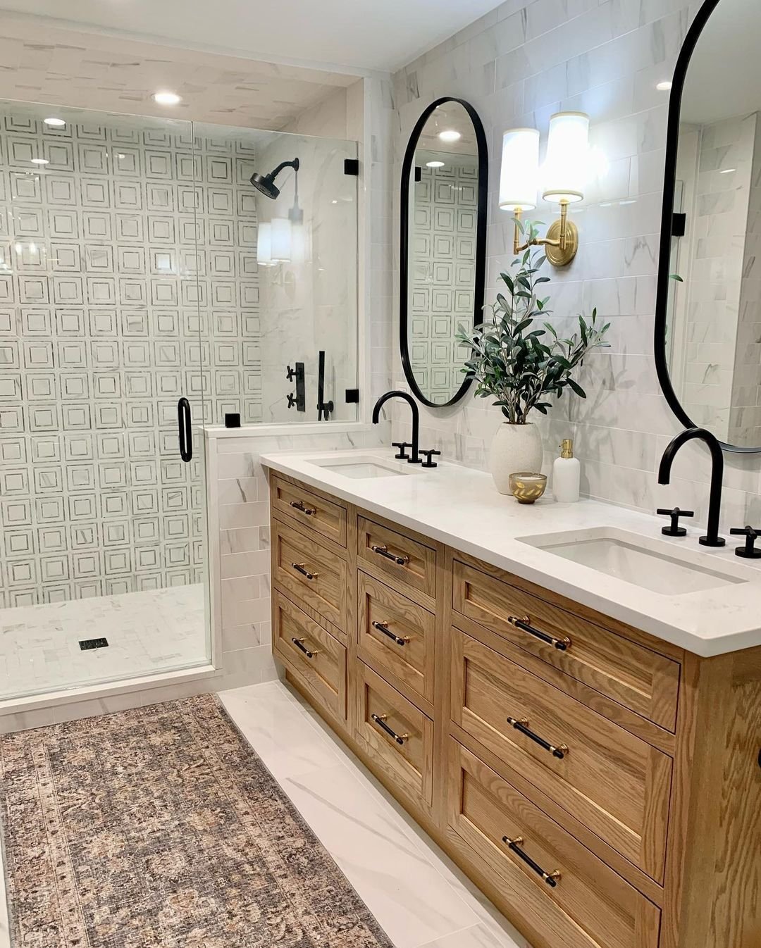 2 Warm Wood Bathroom Cabinetry Ideas with Classic Tile