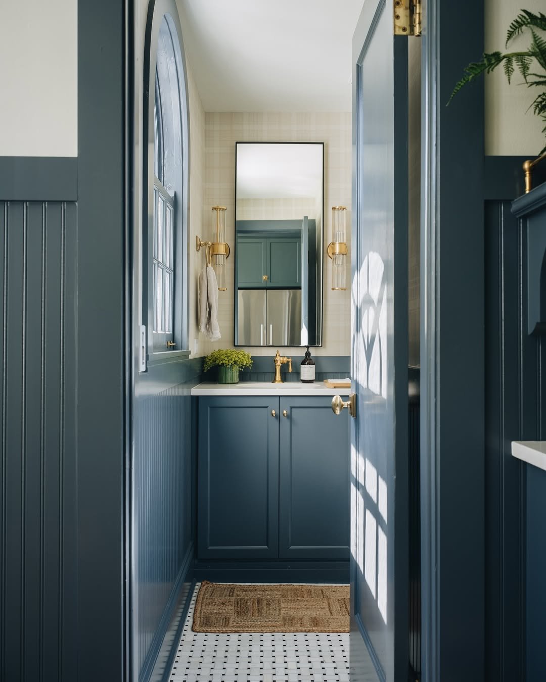 24 Soft Blue Cabinetry for a Narrow Space