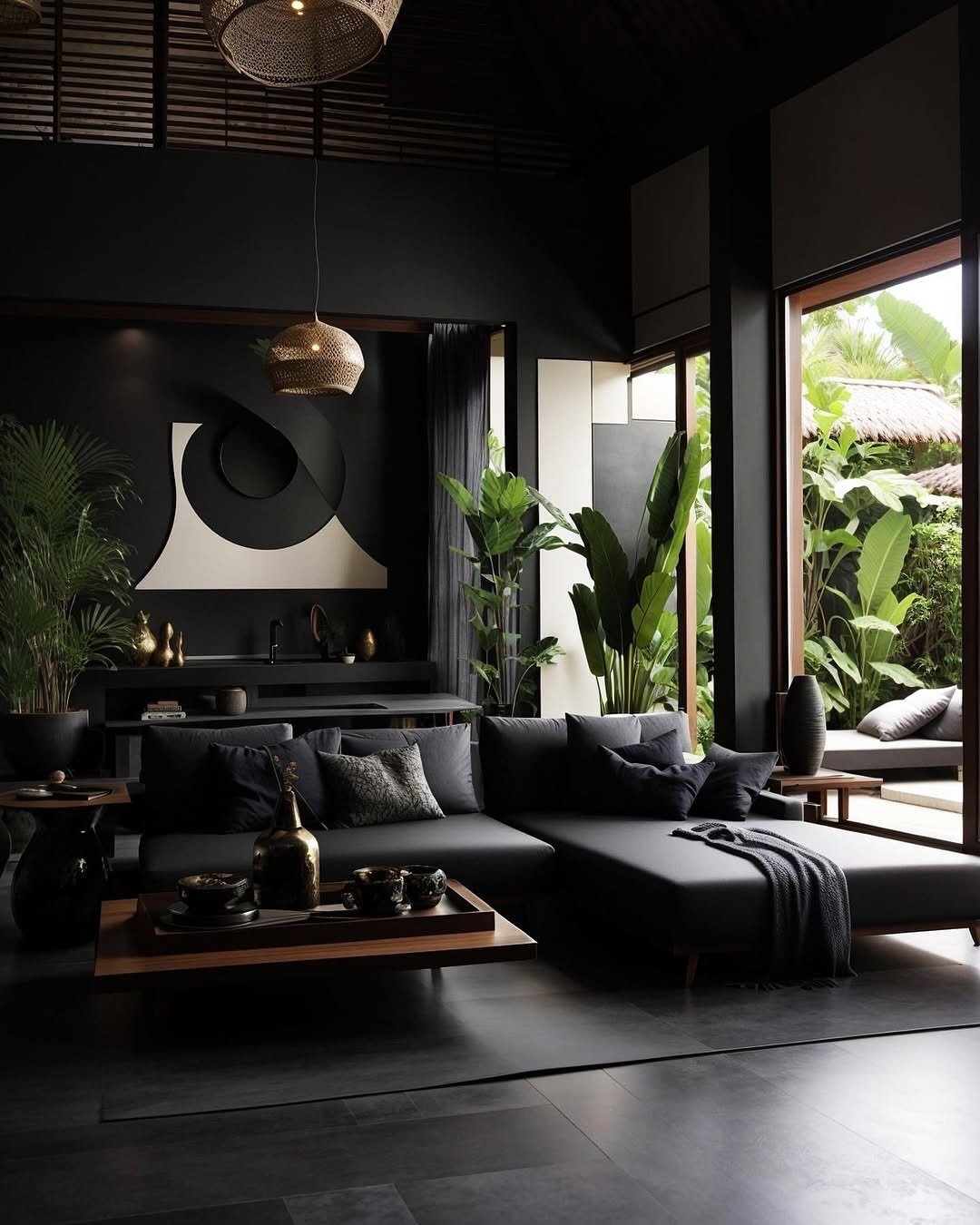 3 Tropical Noir Living Room Designs