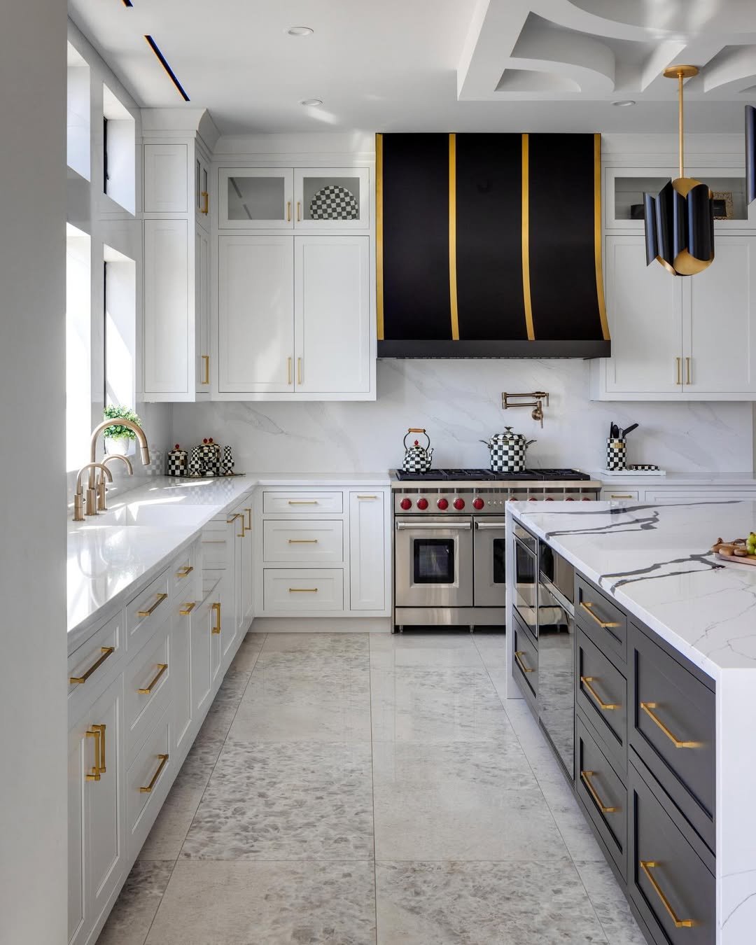 Black and White Kitchen with Gold Stripes