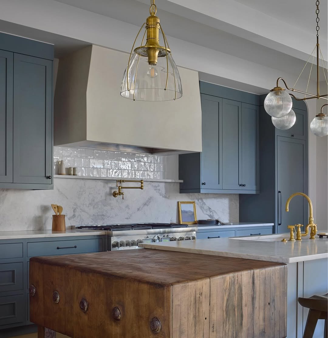 Blue-Grey Antique Butcher Block Kitchen