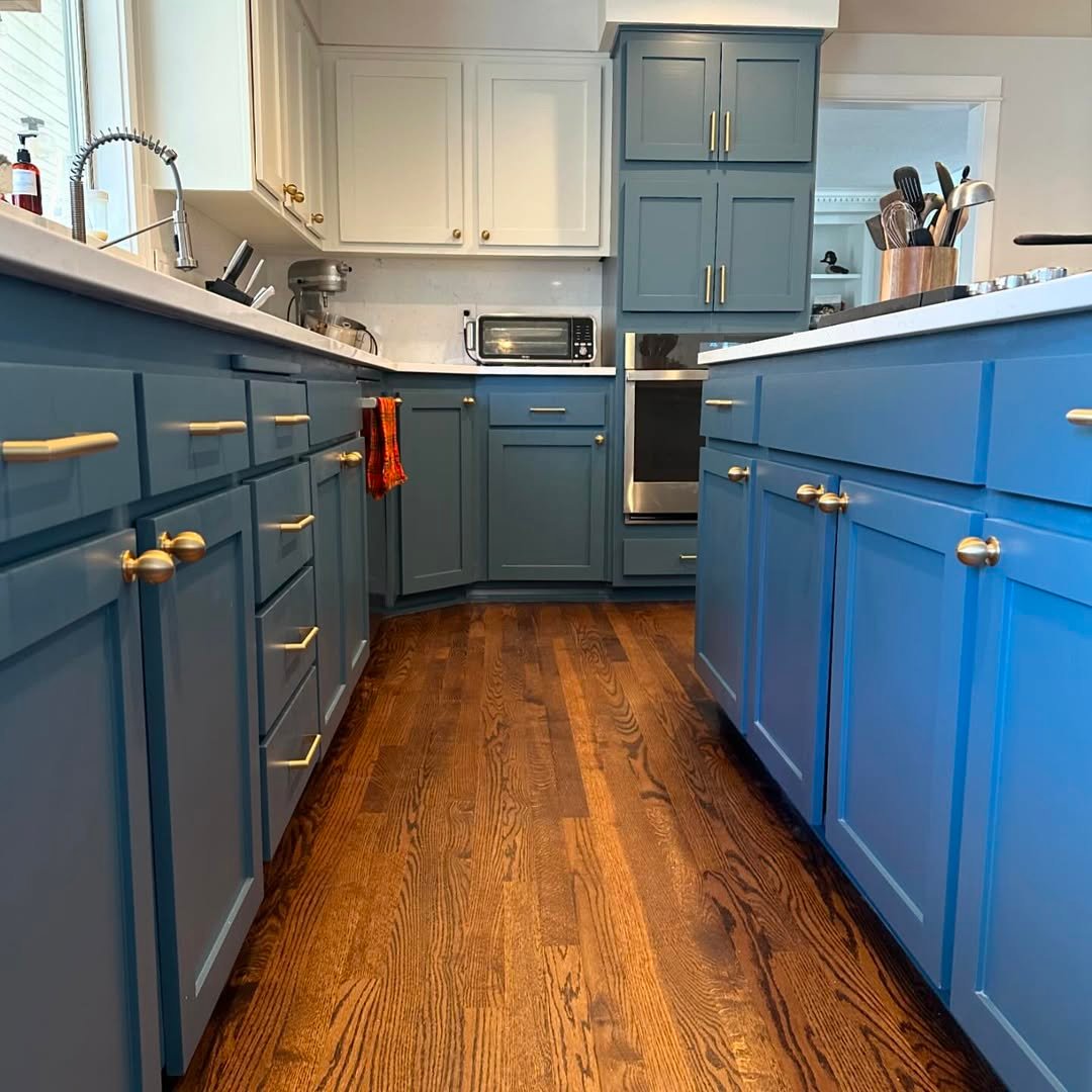Brass Hardware for Blue-Gray Cabinets
