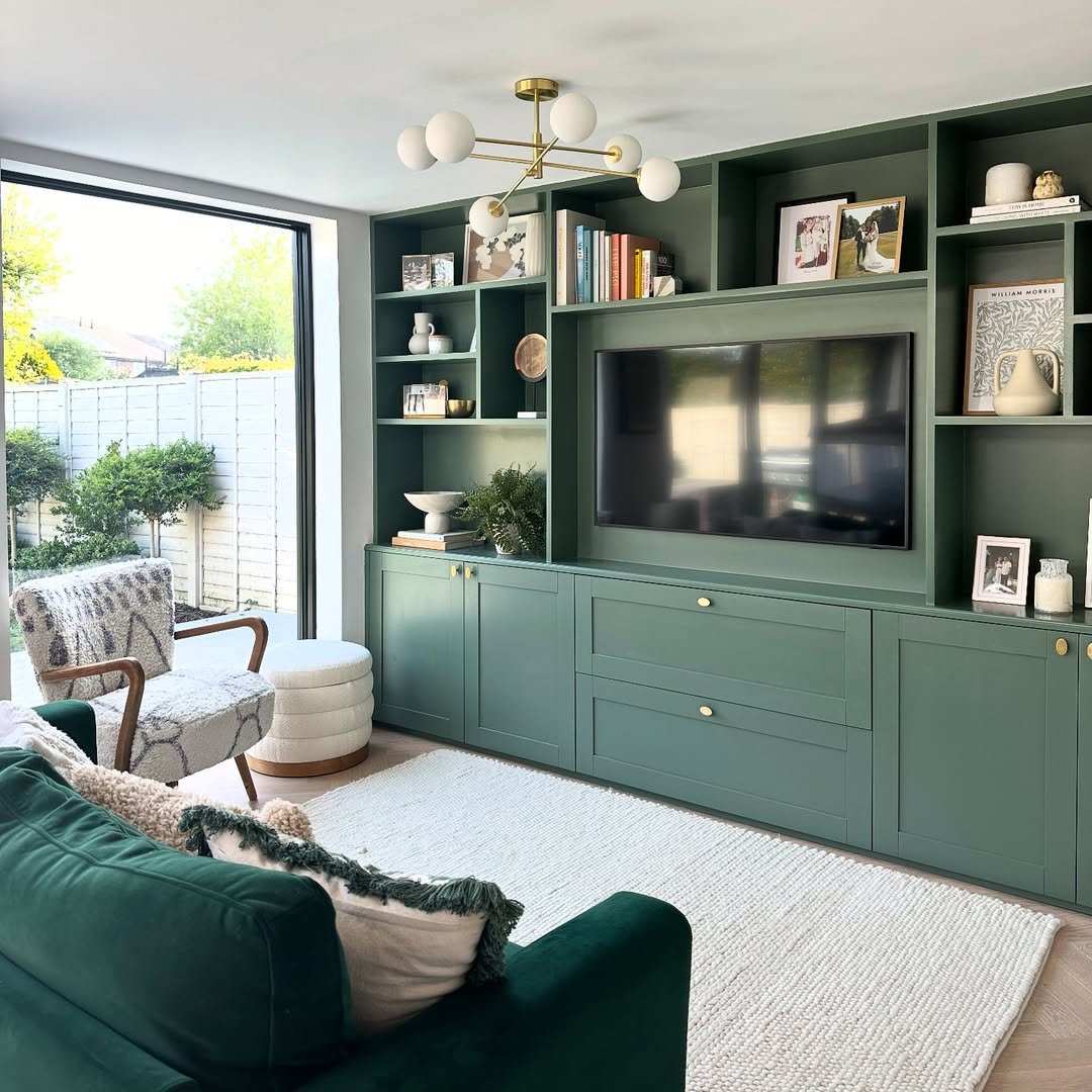 Built-in shelving in sage green