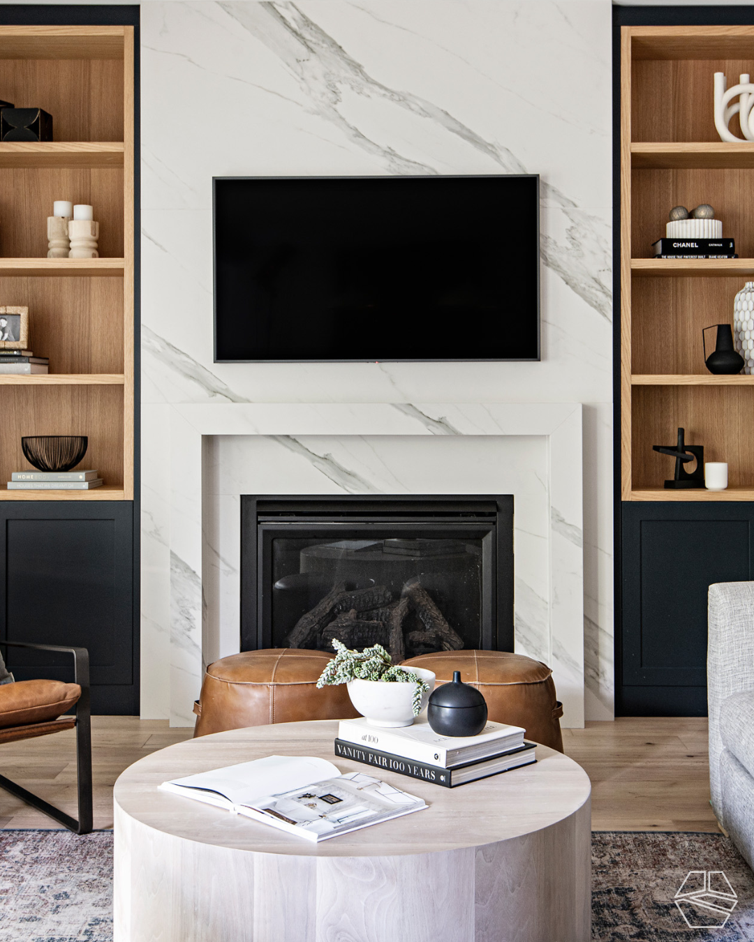 Calacatta Marble Fireplace with Oak Shelving