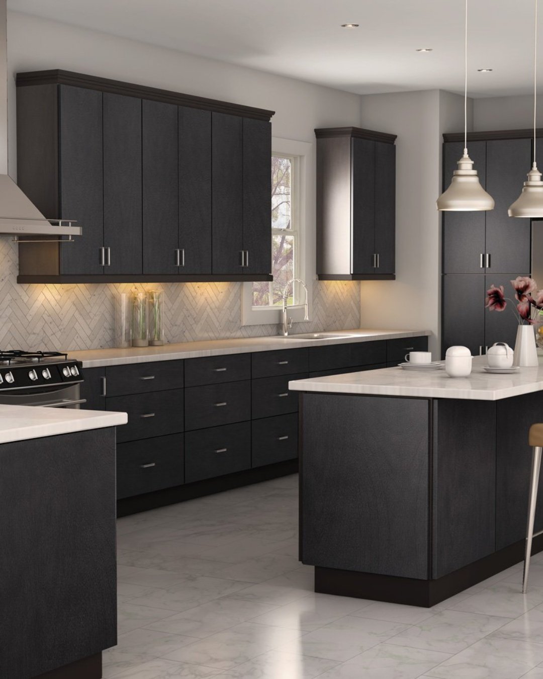 Charcoal Cabinets with Full-Slab Stone