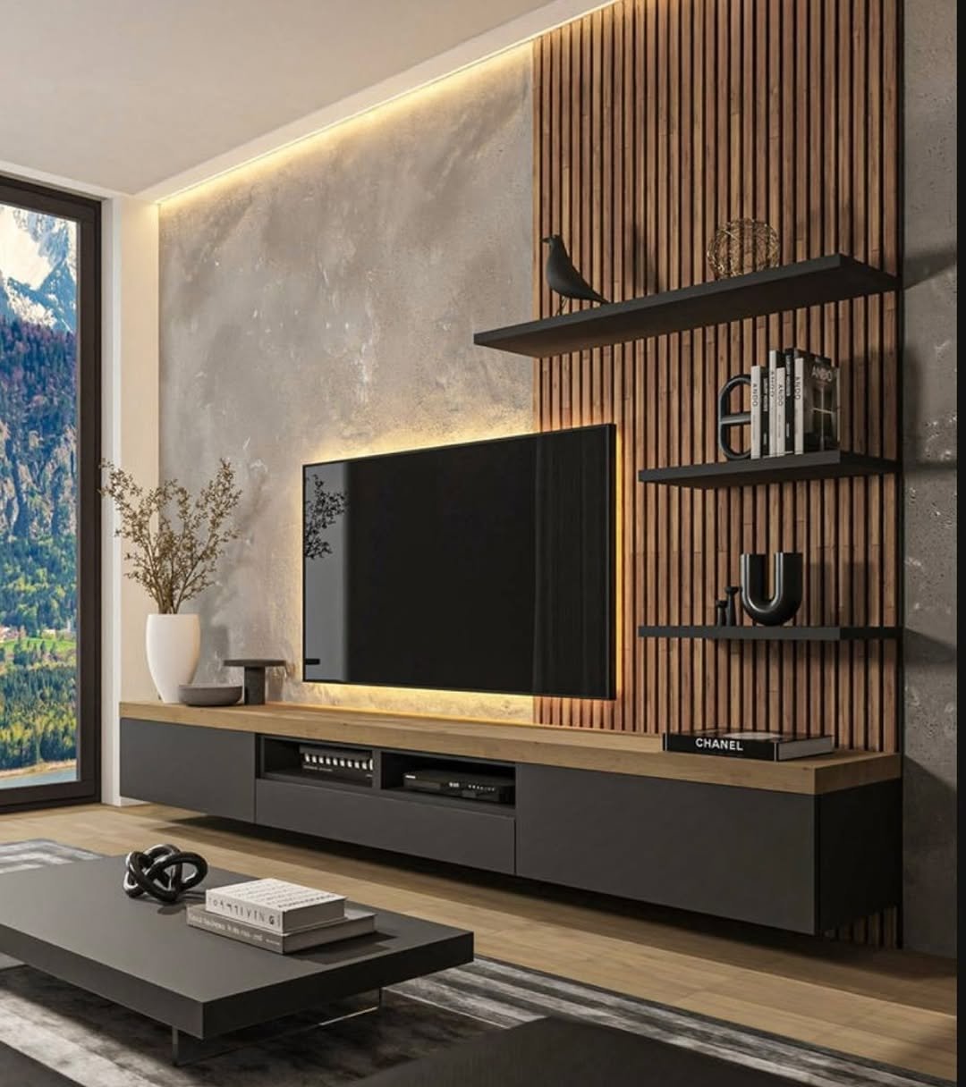 Concrete and Slat TV Wall