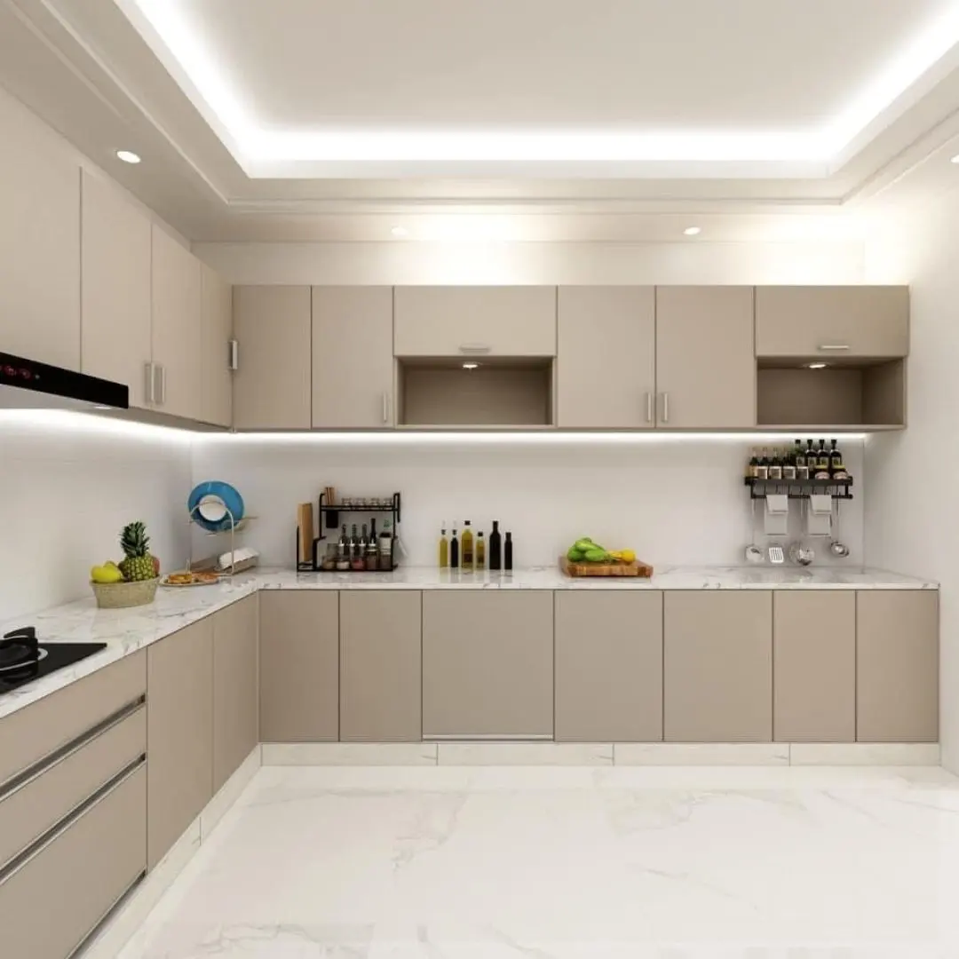 Cream Cabinetry with Brass Open Shelving