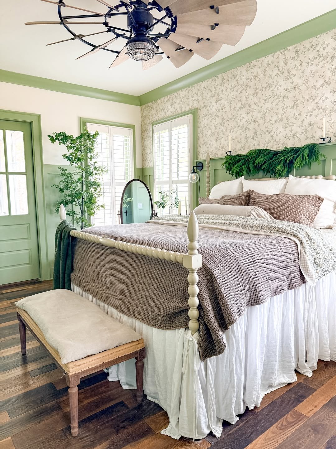 Cream Wood Spool Bed with Sage Toile and Taupe Bedding
