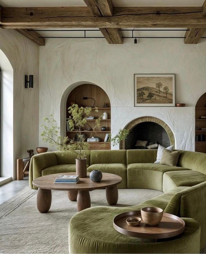 Curved Olive Velvet Sofa