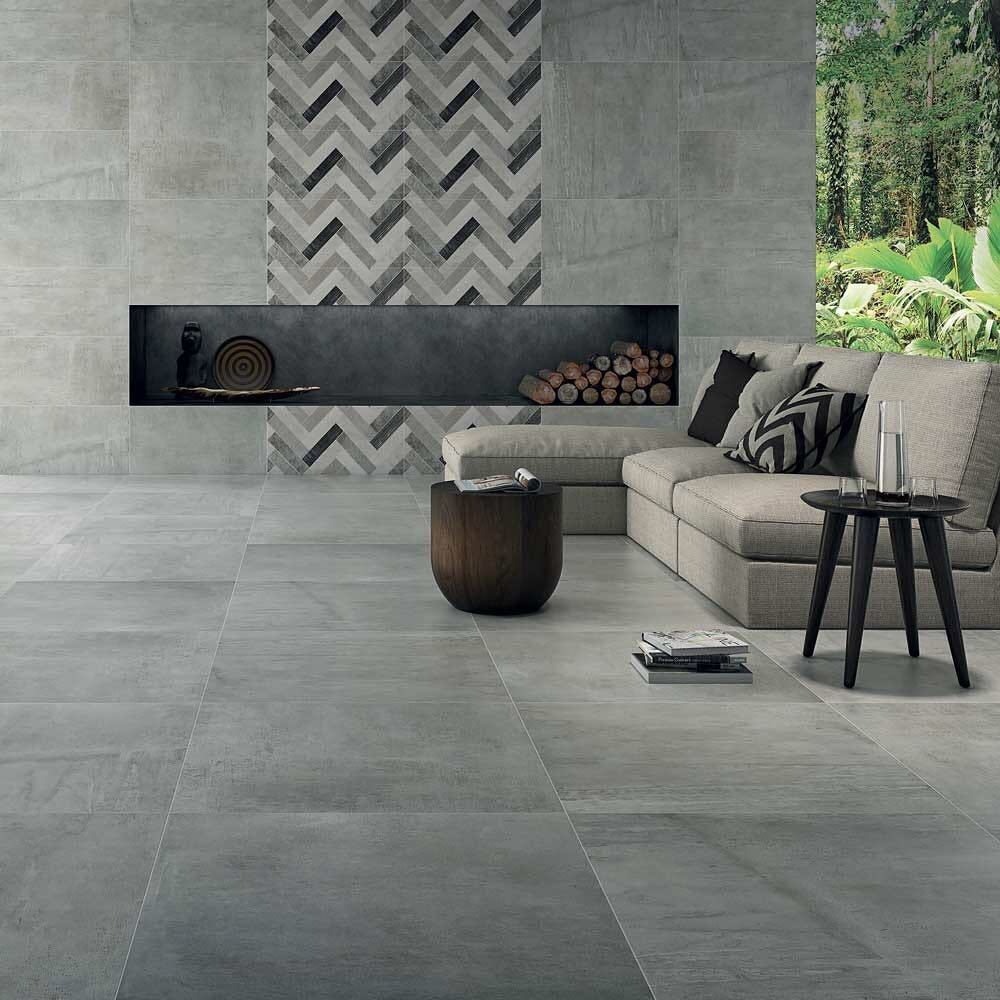 Dark Concrete Tile with a Herringbone Feature
