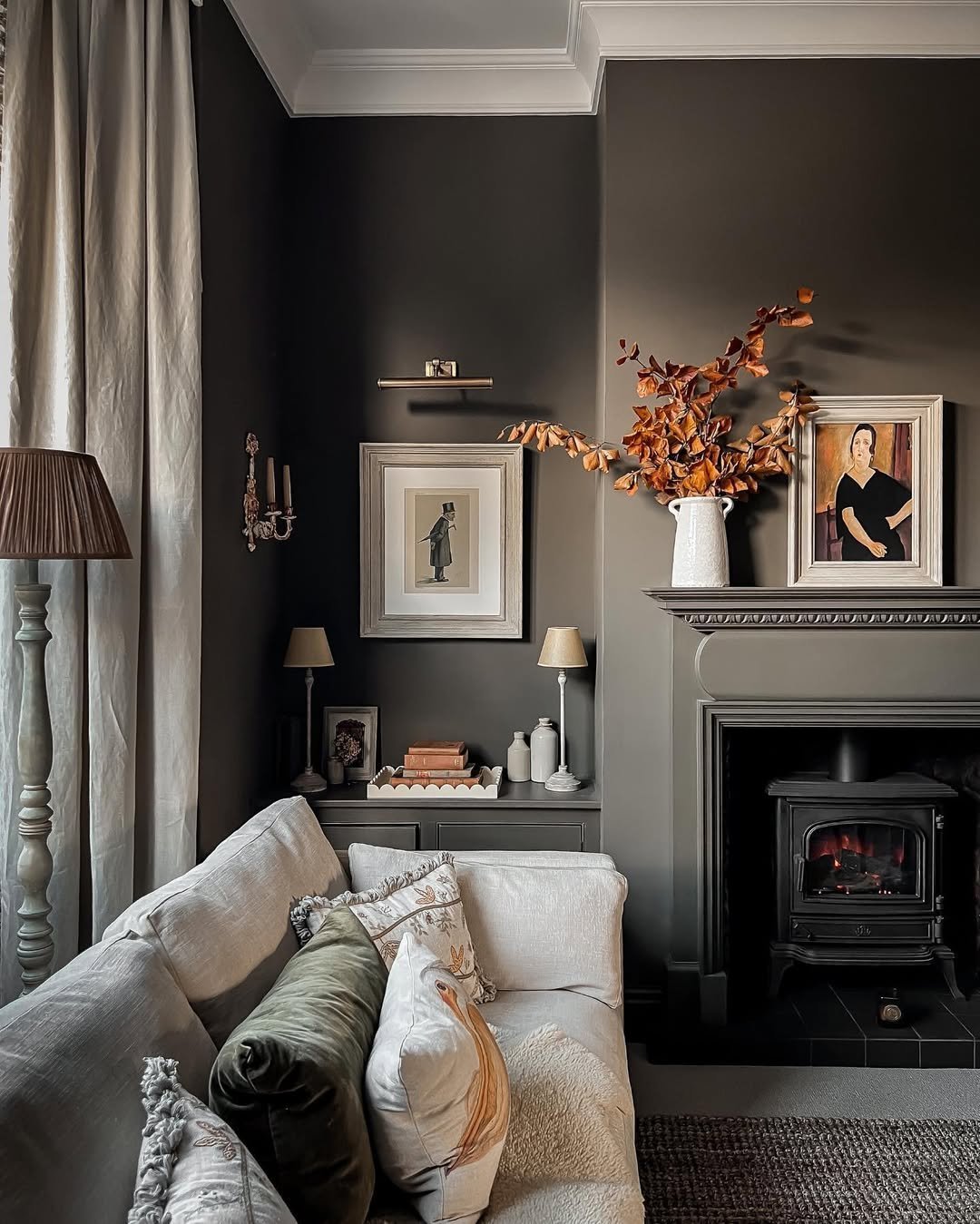 Dark Eclectic Black Fireplace Wall with Tiled Overmantel Mirror