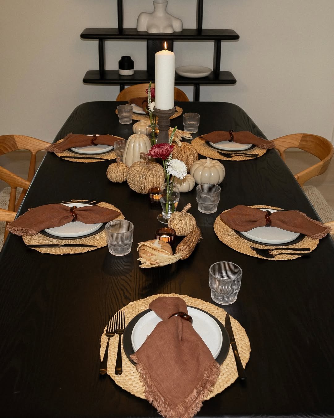 Dark Table with Woven Pumpkins