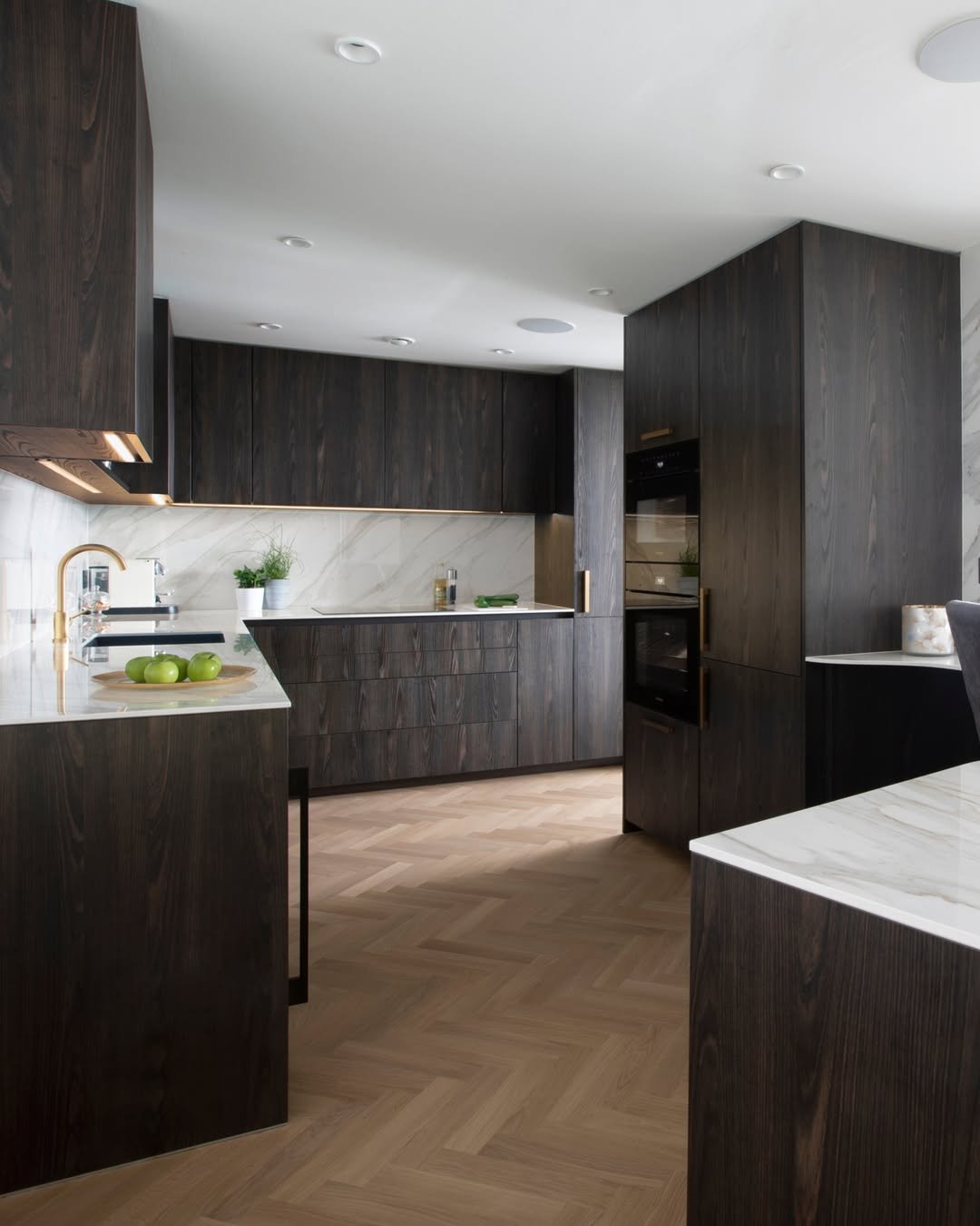 Dark Walnut Cabinets with Marble Backsplash