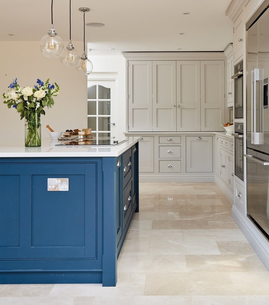 Deep Blue and Greige Cabinetry
