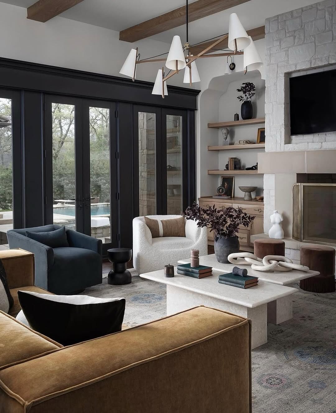 Dramatic Living Room Windows with Black Frames