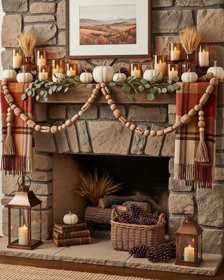 Fall Plaid and Pinecone Hearth