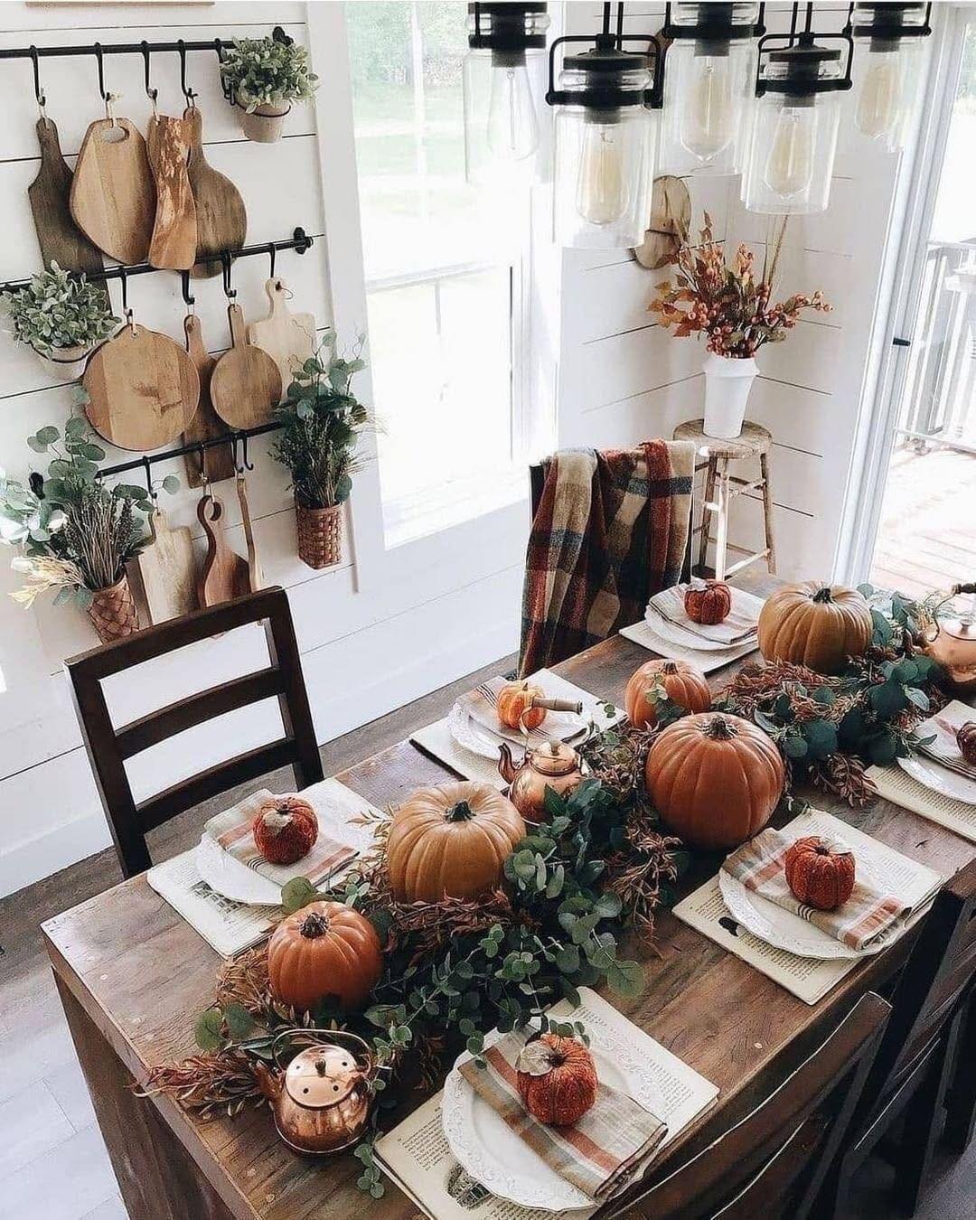 Farmhouse Table with Shiplap and Pumpkins