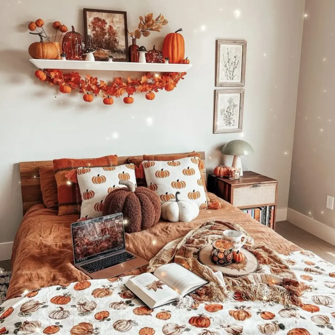 Floating Shelf with Pumpkins and Autumn Details