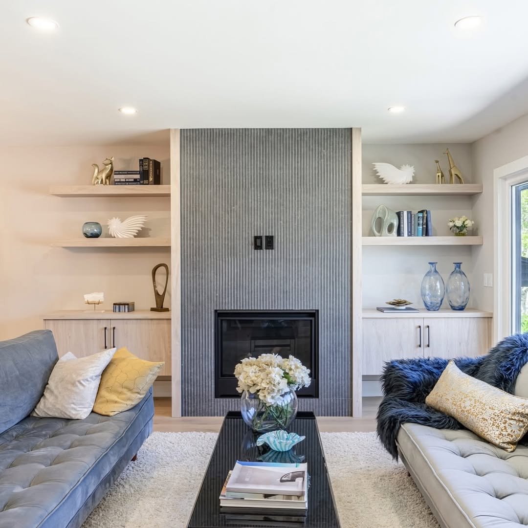 Floor to Ceiling Grey Fluted Tile Fireplace Surround