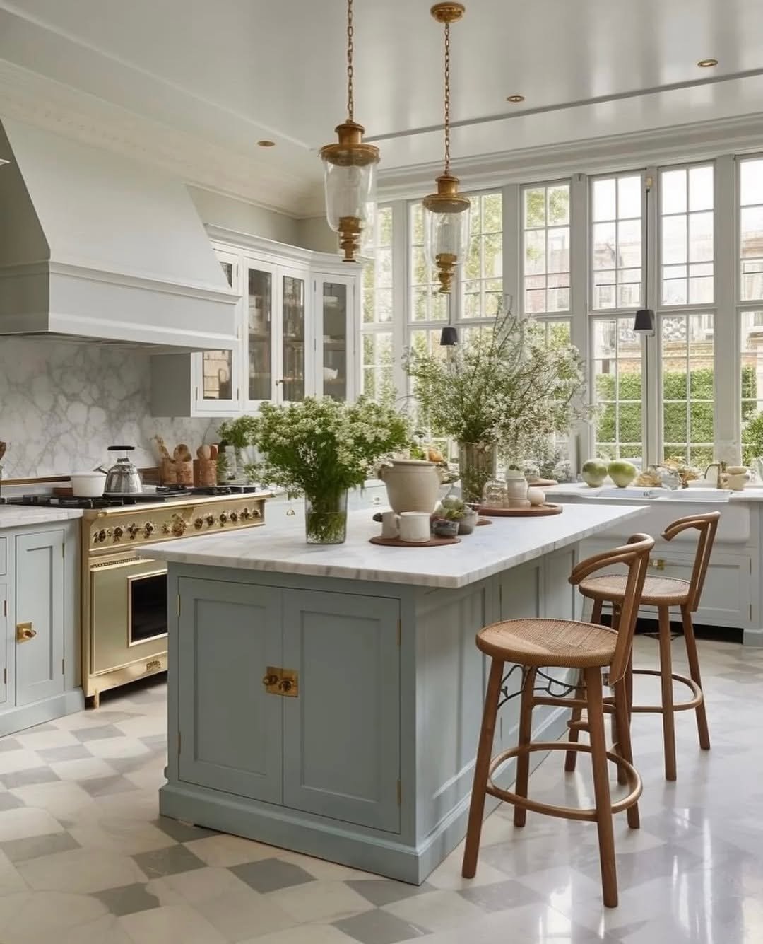 French Country Kitchen with a Gold La Cornue Centre Piece