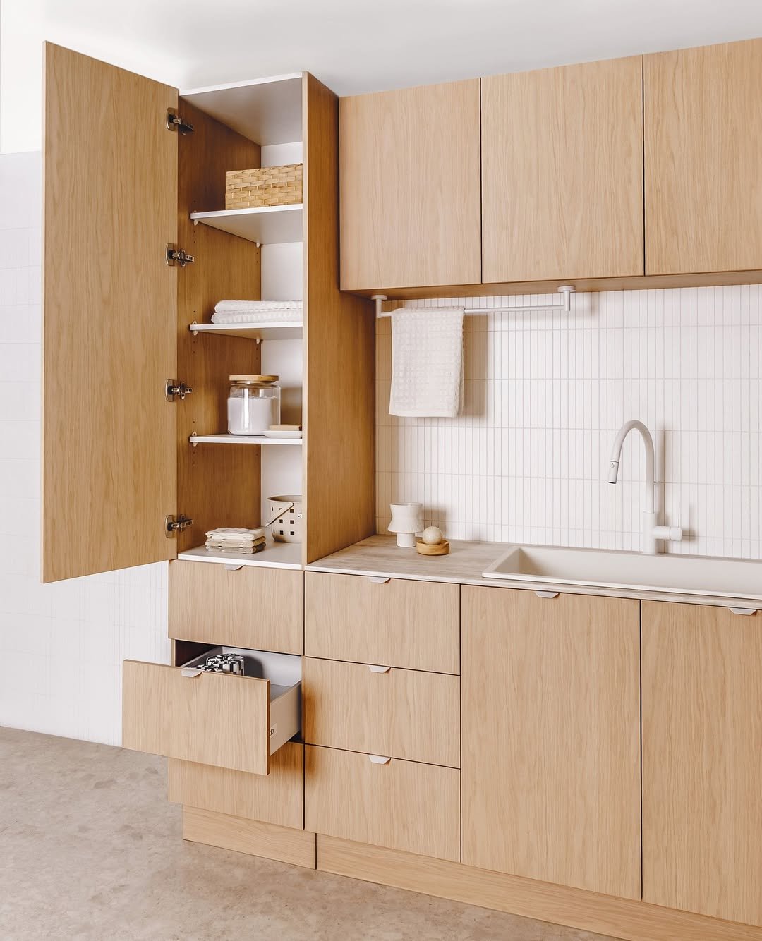 Full-Height Light Oak Pantry Wall