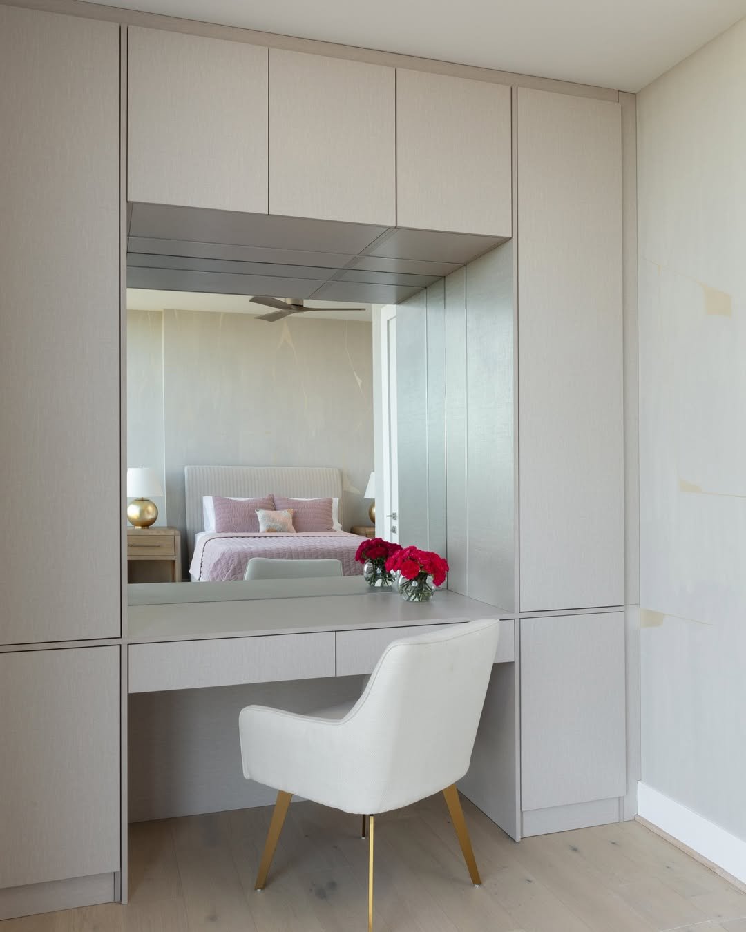 Full-wall built-in vanity in warm greige