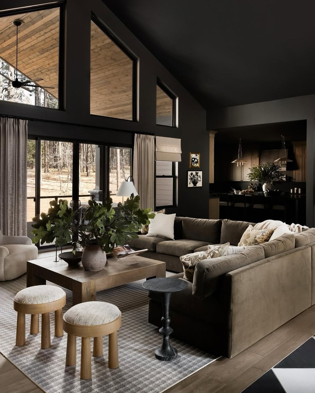 Great Room in a Cabin with Black Ceiling