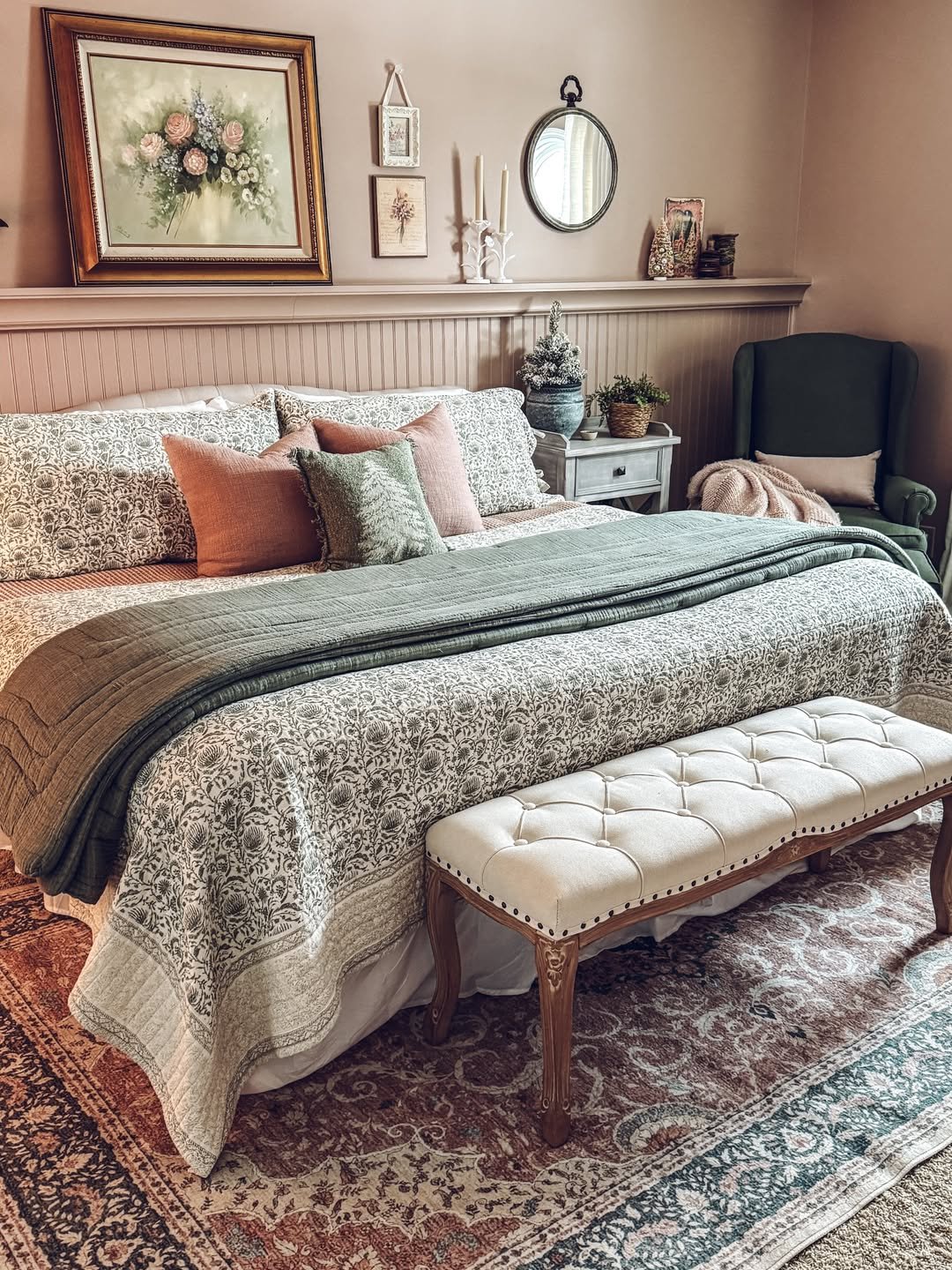 Green and pink bedroom with block print