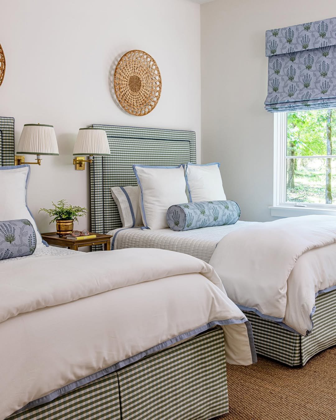 Green Gingham Upholstered Twin Beds