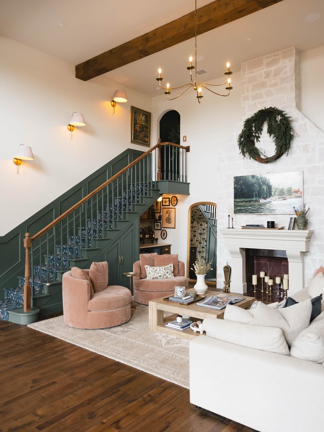 Green Staircase and Floral Runner