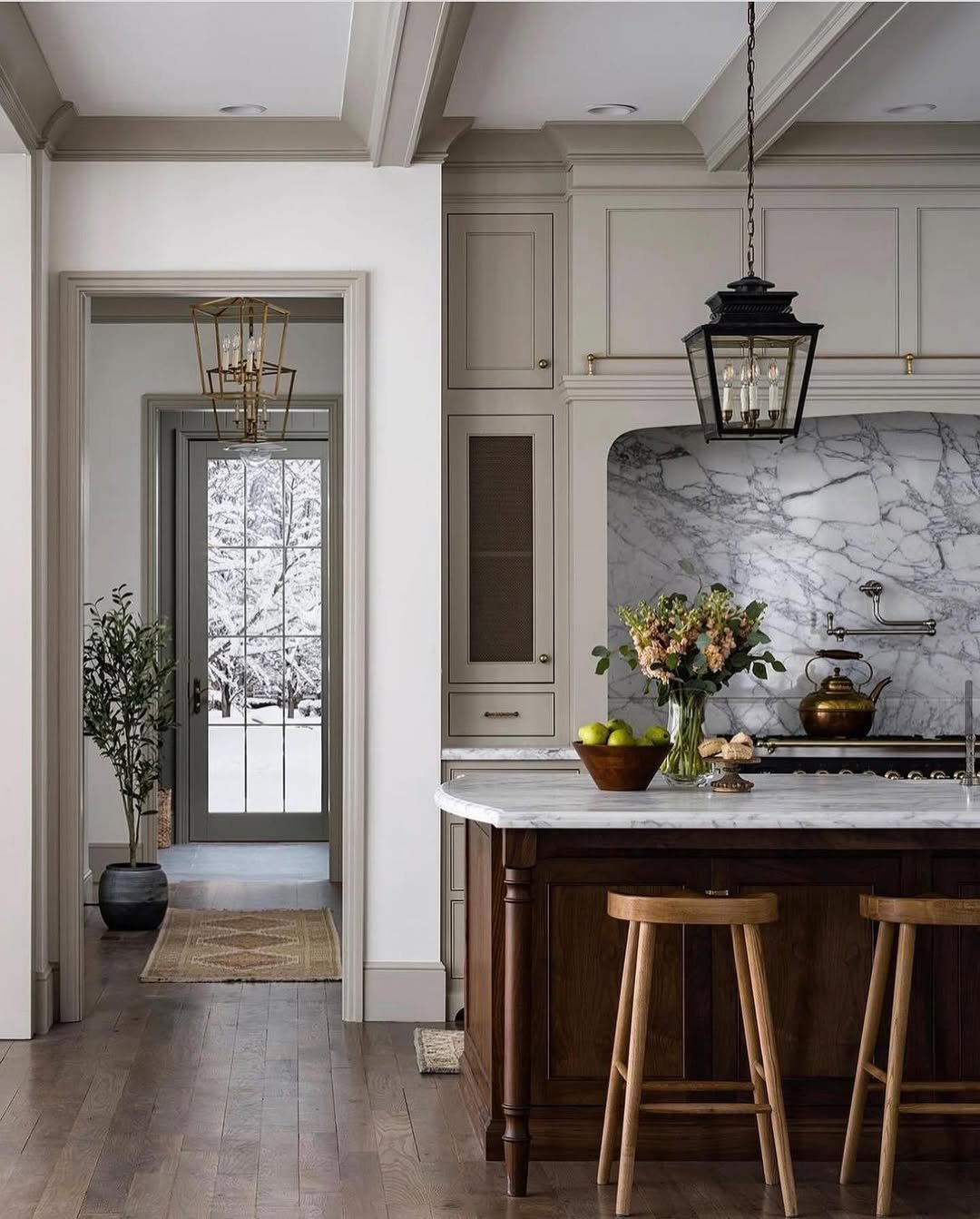 Greige Kitchens with Marble Arches