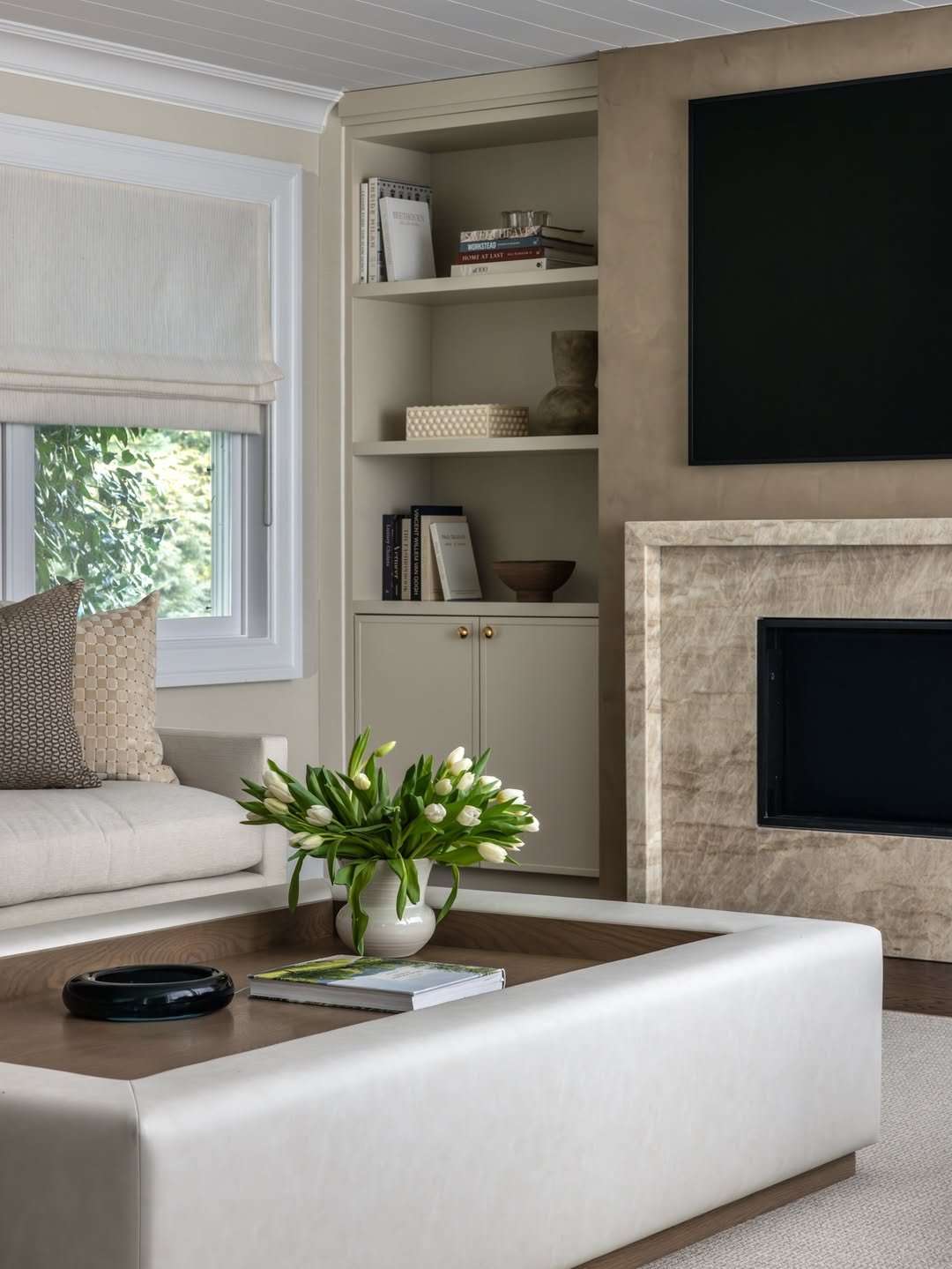 Greige Marble Venetian Plaster Fireplace