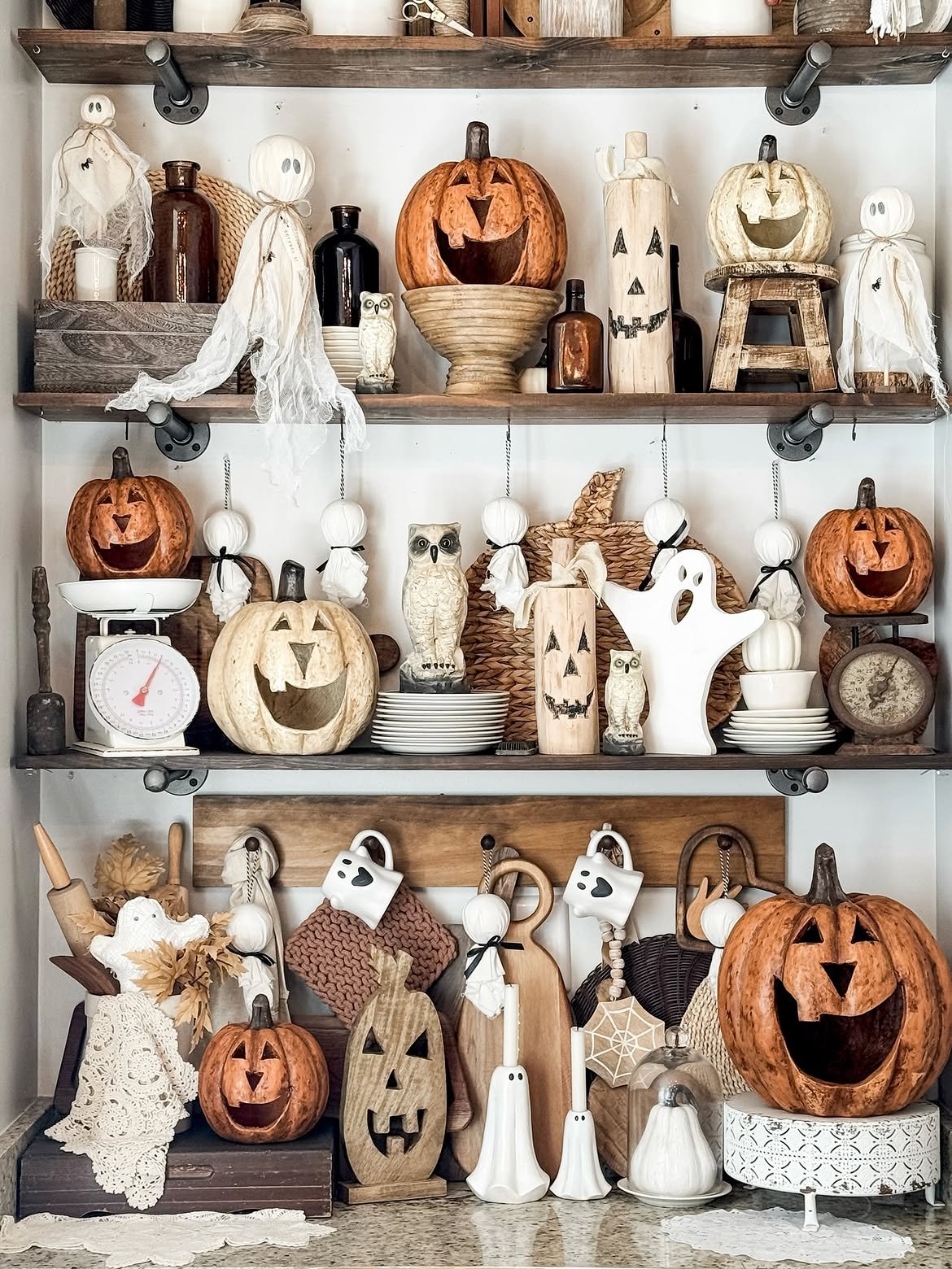 Grouped Decor on Open Wood Shelves