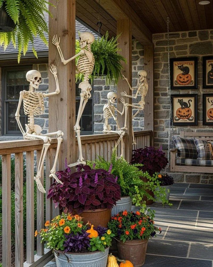 Grouped Skeletons on the Porch Railing