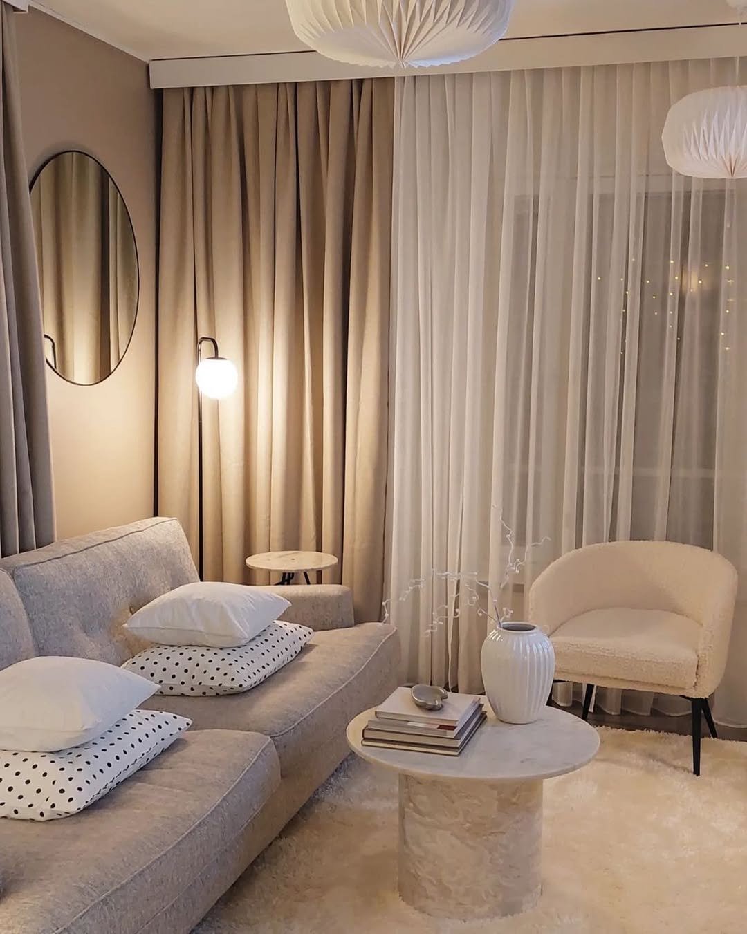 Half-Drawn Beige and White Curtains