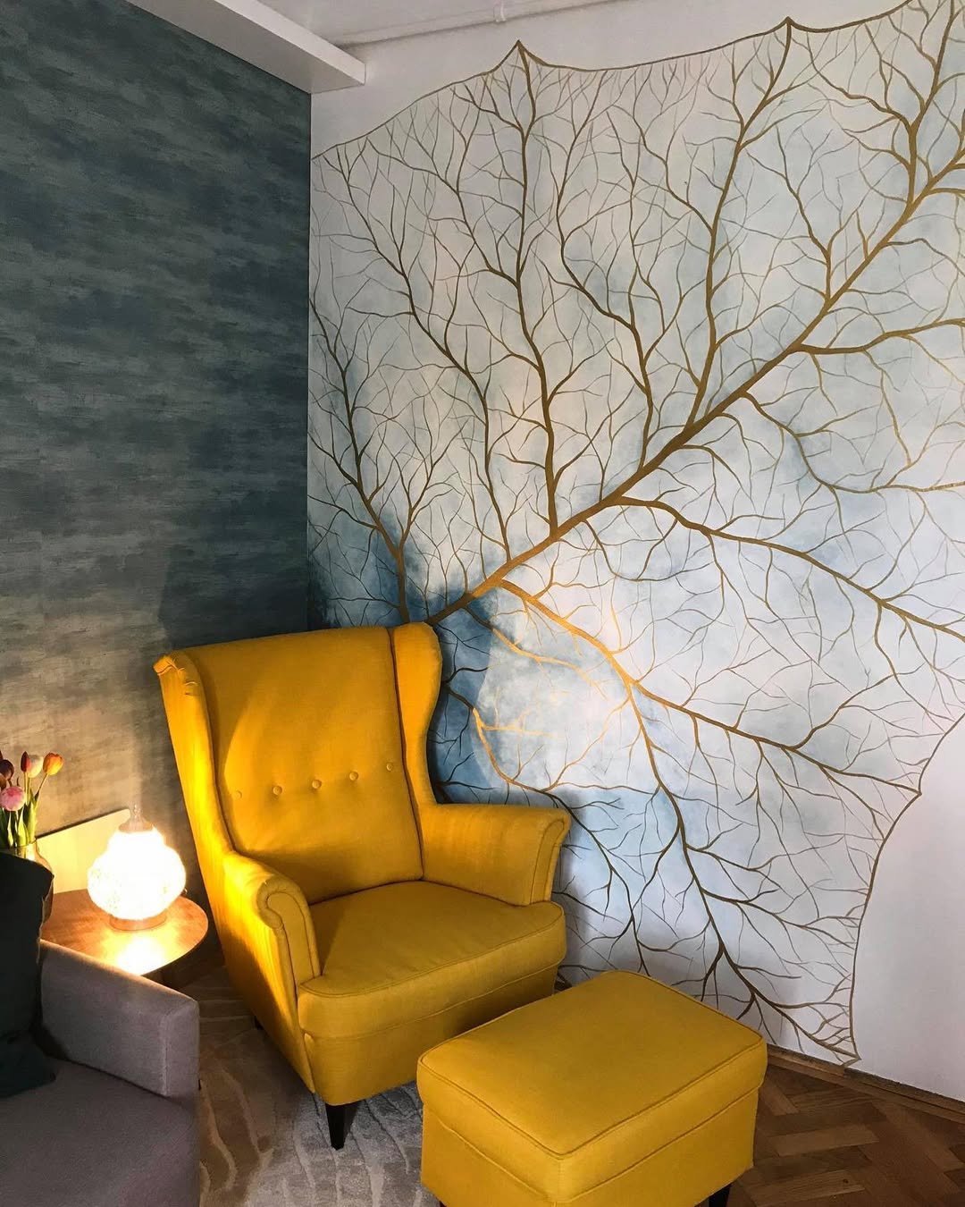 Hand-Painted Gold Tree Mural