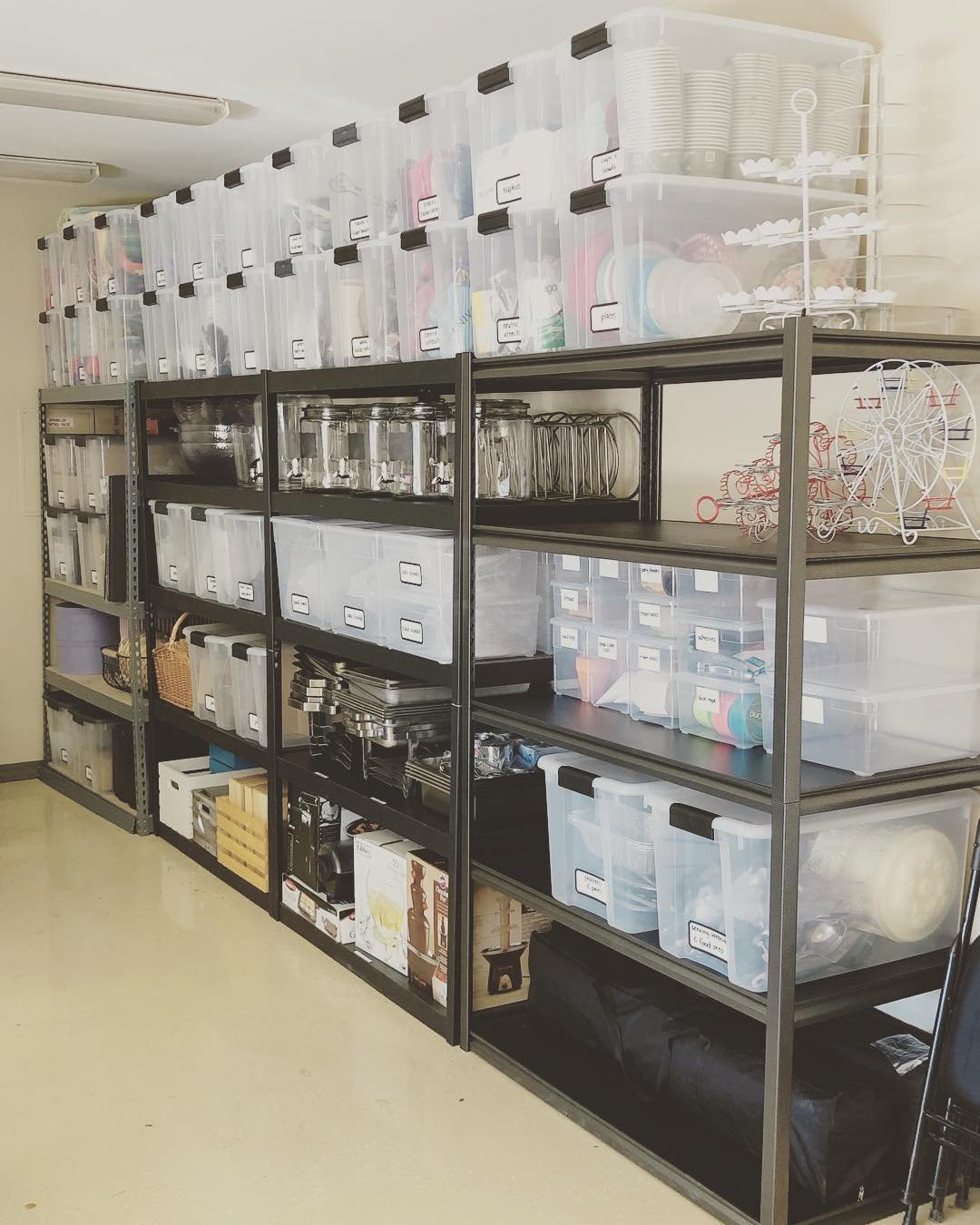 Heavy Black Metal Garage Shelving with Clear Matching Labeled Bins