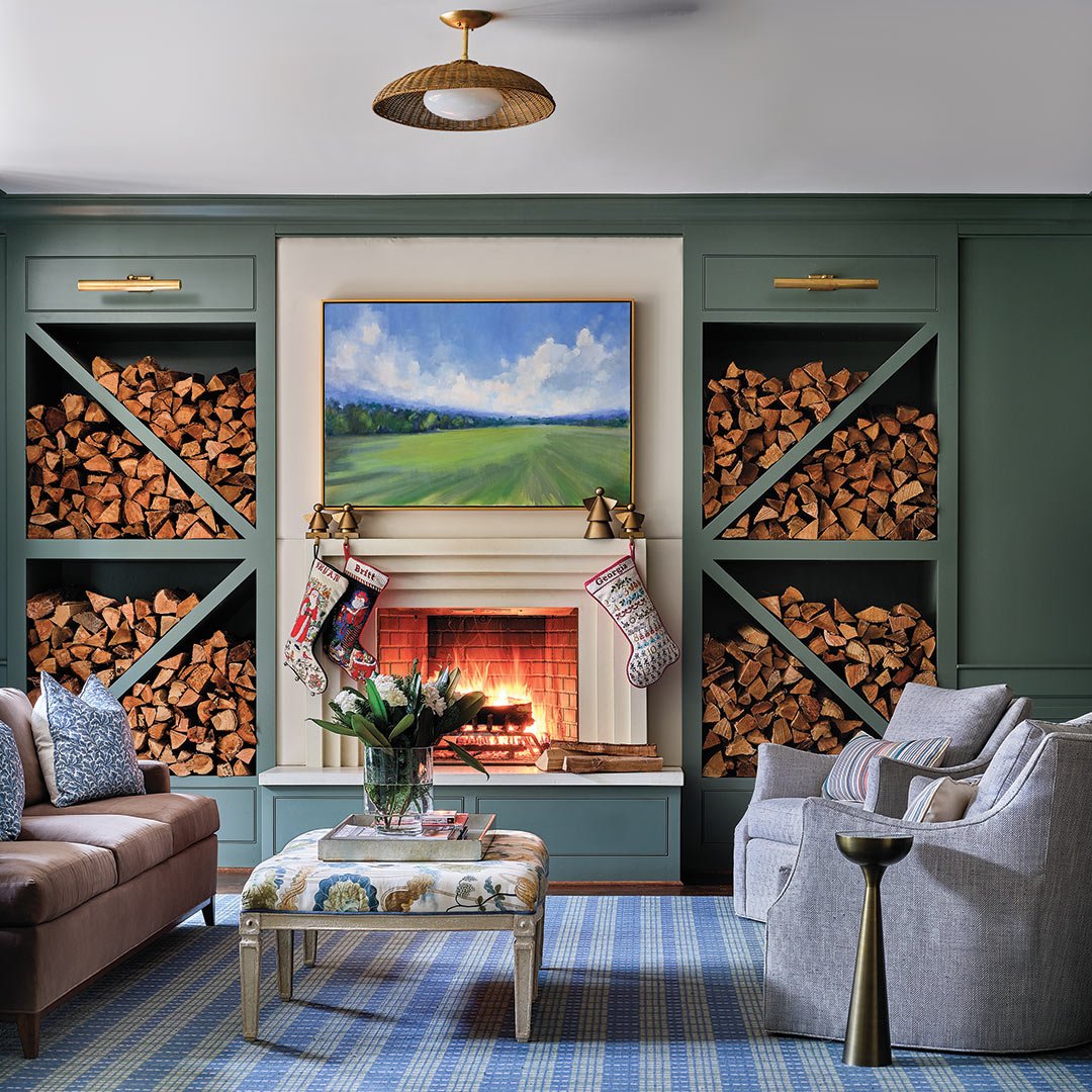 Holiday Fireplace Room with Green Panels