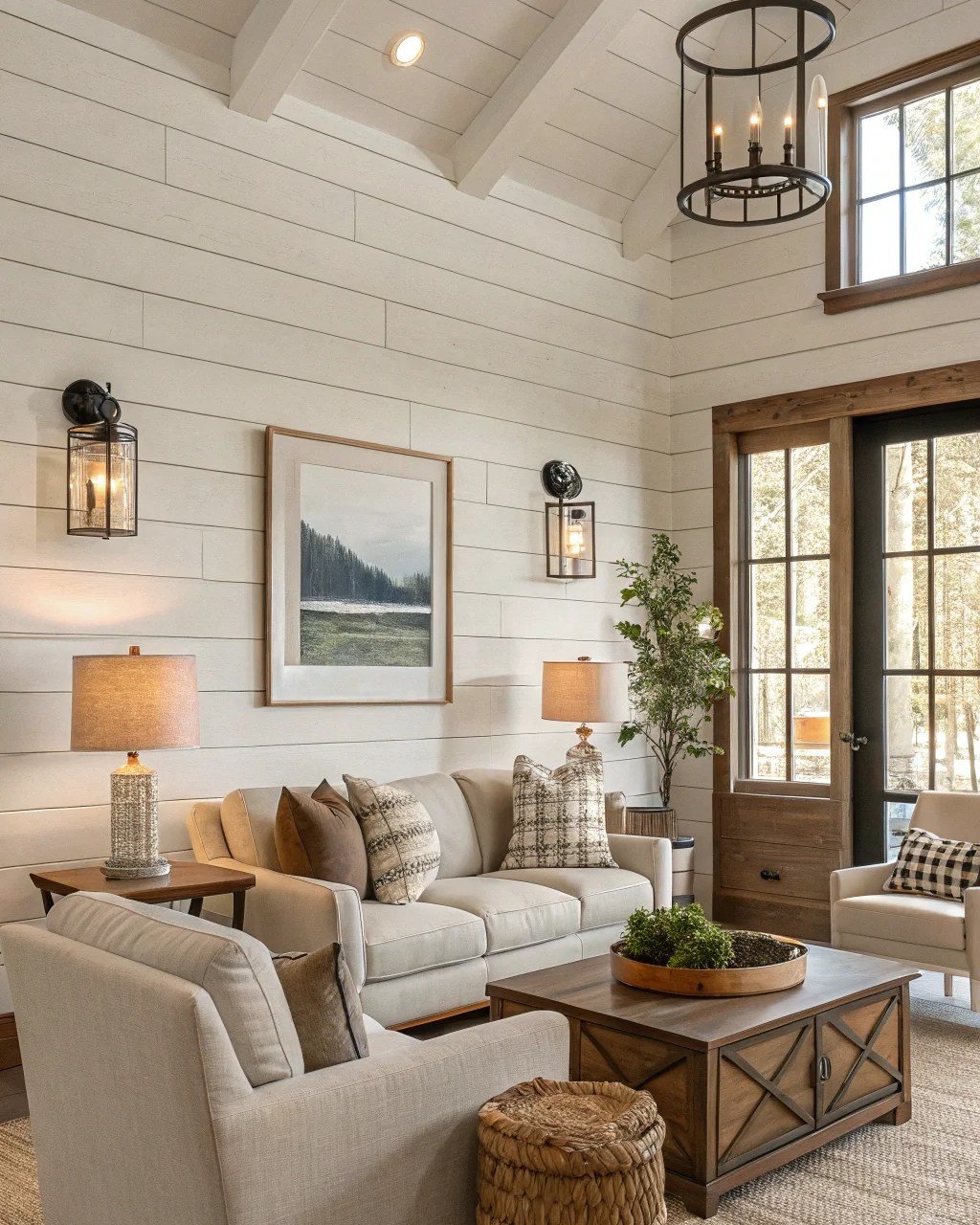 Iron Chandelier Over Shiplap