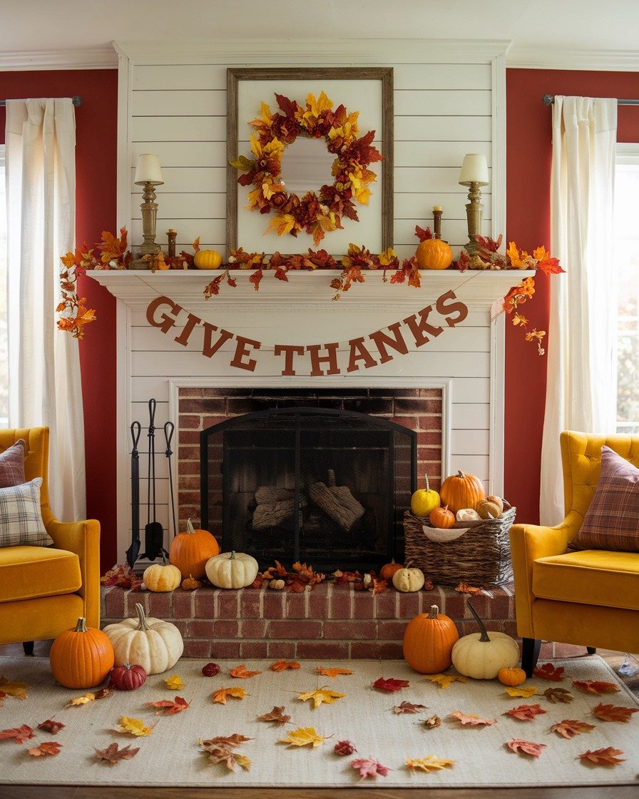 Layered Thanksgiving Living Room with Rust Wall, Give Thanks Banner, Plaid Pillows, and Loose Pumpkins Near Hearth