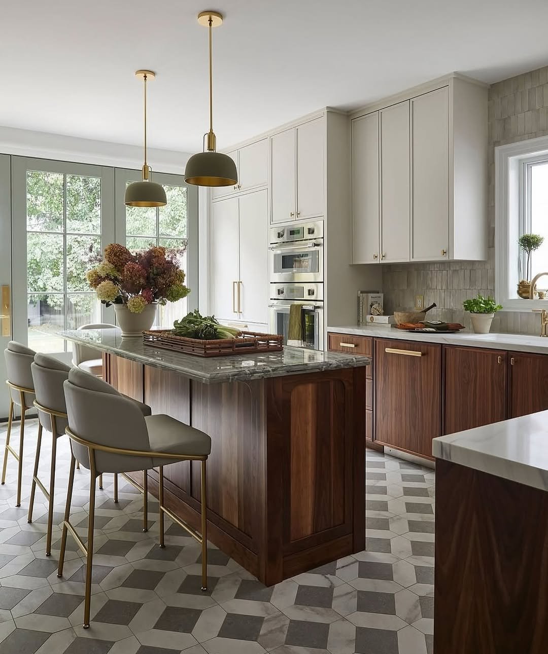 Long Kitchen Island With Glass Lantern Pendant