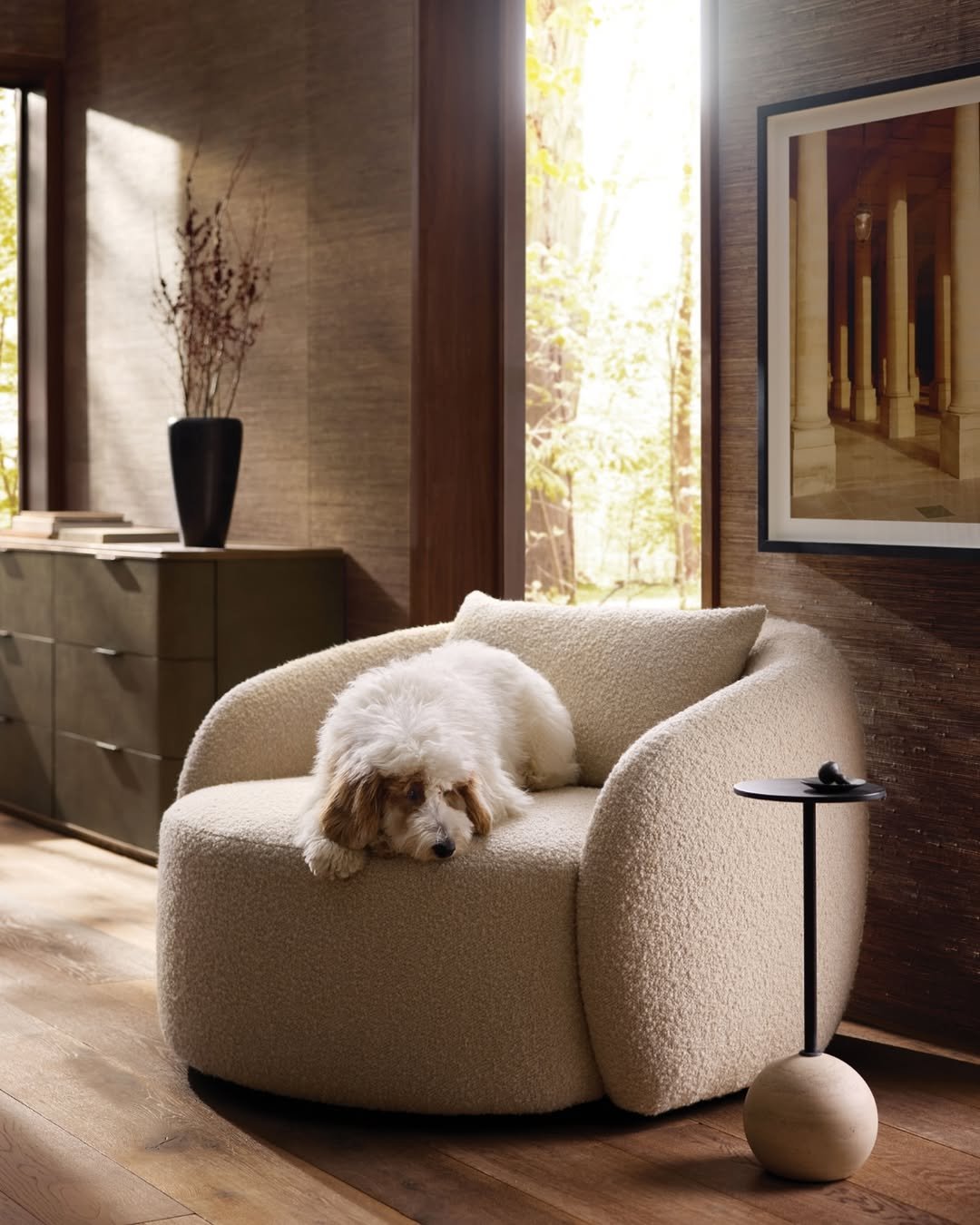 Low Cream Curved Boucle Barrel Chair