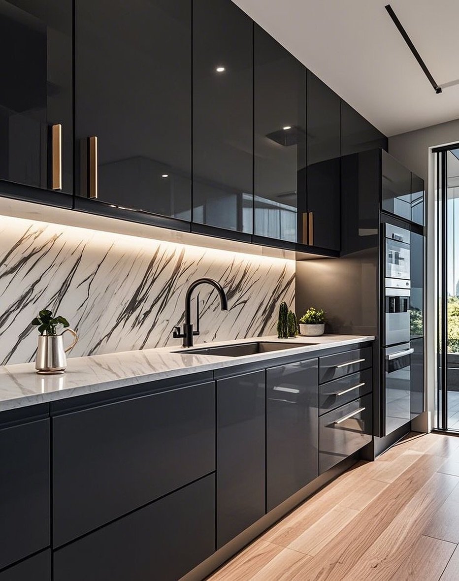 Marble Backsplash Waterfall Kitchen