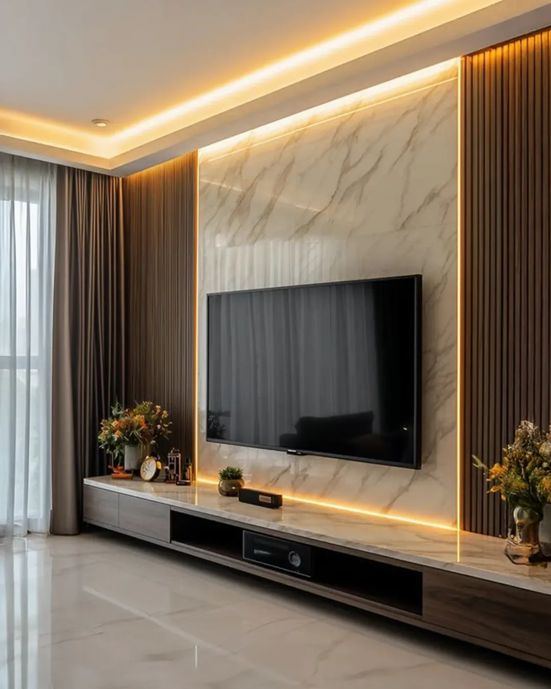 Marble Slab TV Wall with Dark Wood