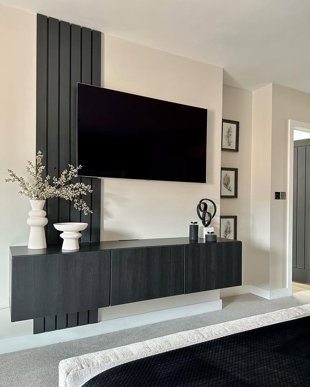 Matte Black Slatted TV Panel