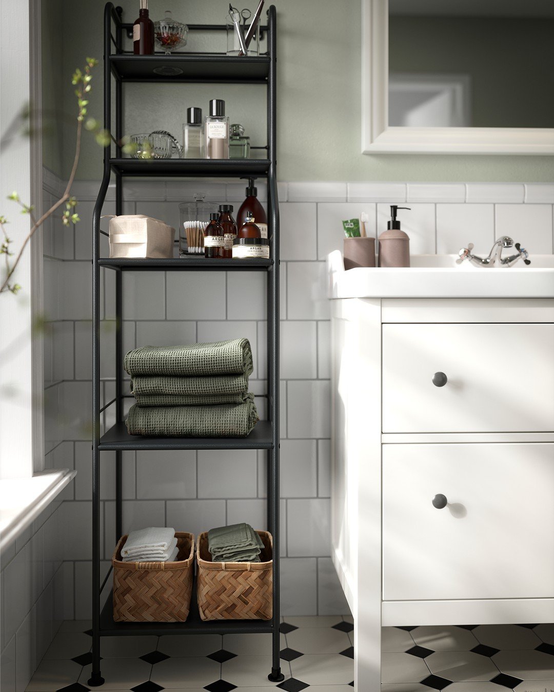 Narrow Ladder Shelf Next to the Vanity