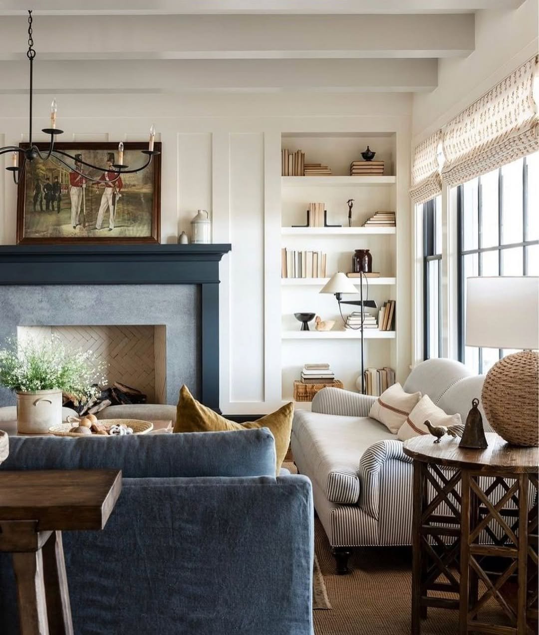 Navy Fireplace and Bookcase