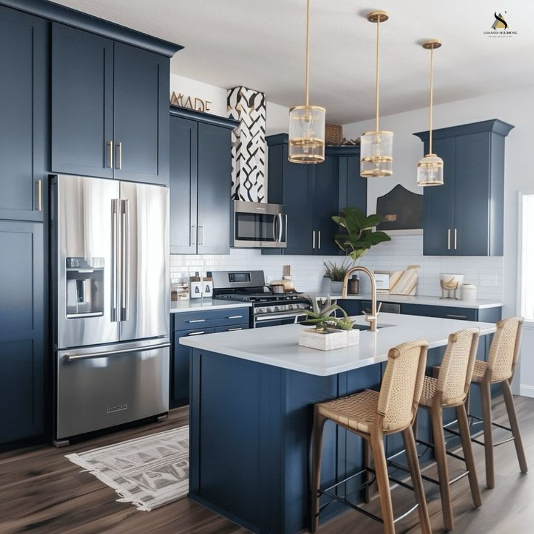 Navy Kitchen with a Gold Island