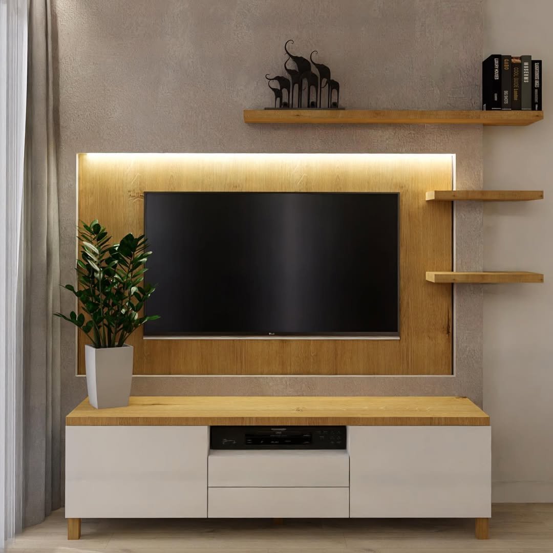 Oak TV Wall with Floating Shelf