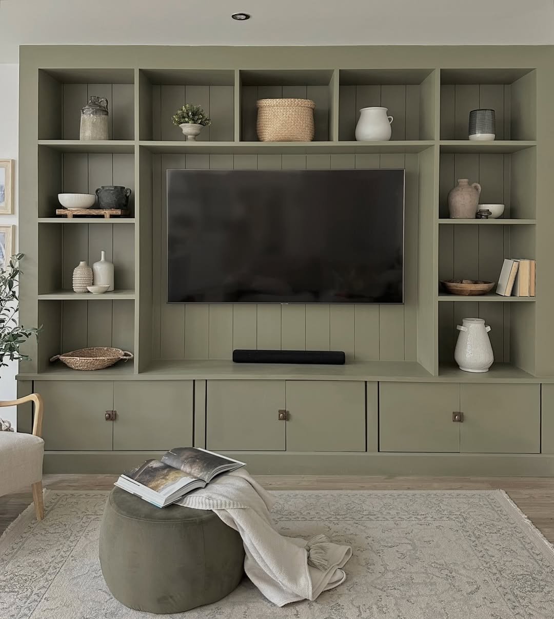 Olive Green Full Wall Entertainment Built In